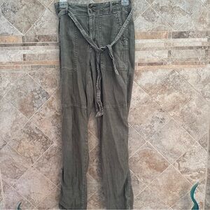 Womens American Eagle Linen blend Cargo Pants 00 Green Khaki belted straight leg